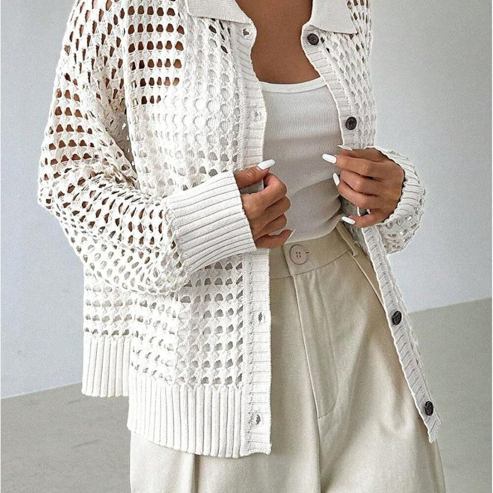 Women's Crochet Cardigan Sweater Lightweight Cardigan Hollow Out Sweater Long Sl - Picture 4 of 5